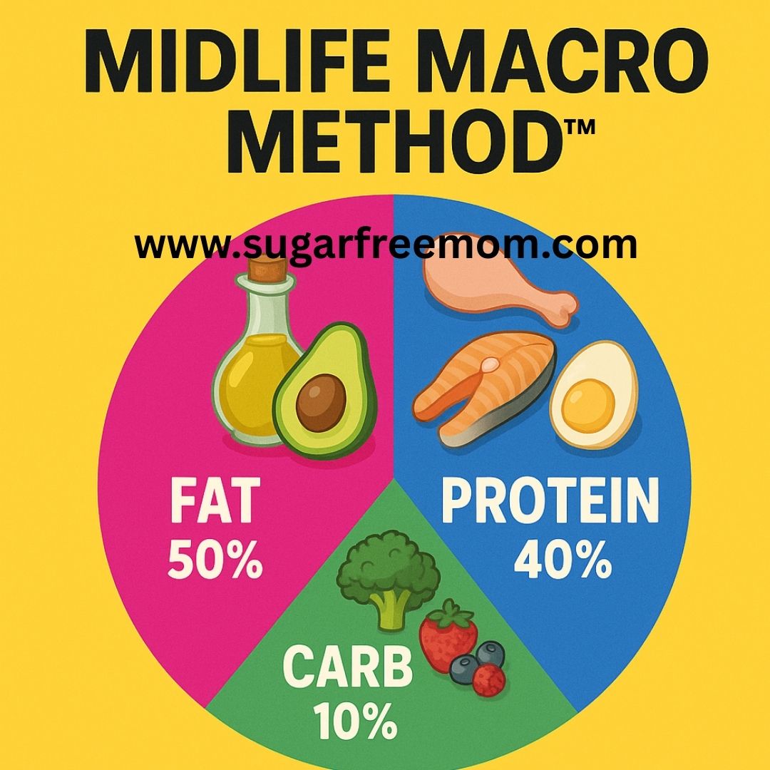 MMMgraphic Midlife Macro Method chart showing 50% fat, 40% protein and 10% carbs